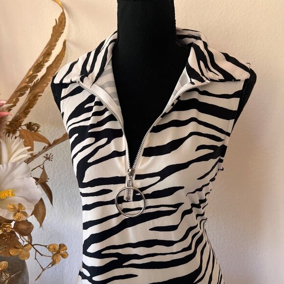 Y2k Chic Zebra Print O-Ring Quarter Zip Collared Midi Maxi Sleeveless Dress S - Picture 3 of 7